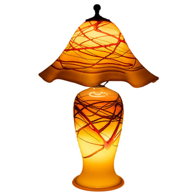 Wimberley Glassworks hand blown Decorative all glass lamp with lighted base and yellow, orange and red glass design 