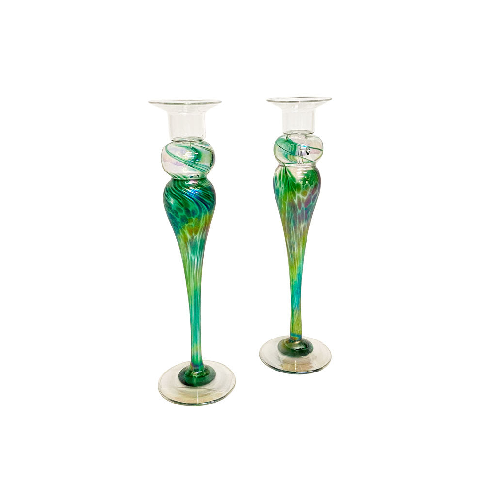 These hand blown ornate one of a kind  timeless candlesticks are an artful Wimberley Glassworks staple.