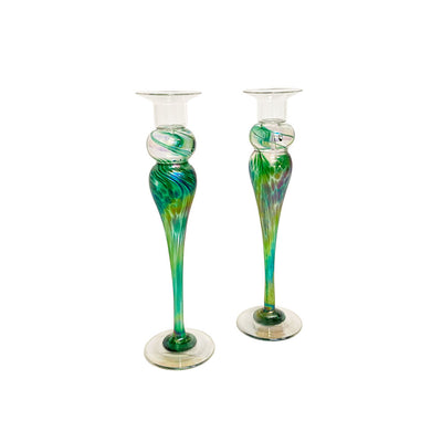 These hand blown ornate one of a kind  timeless candlesticks are an artful Wimberley Glassworks staple.