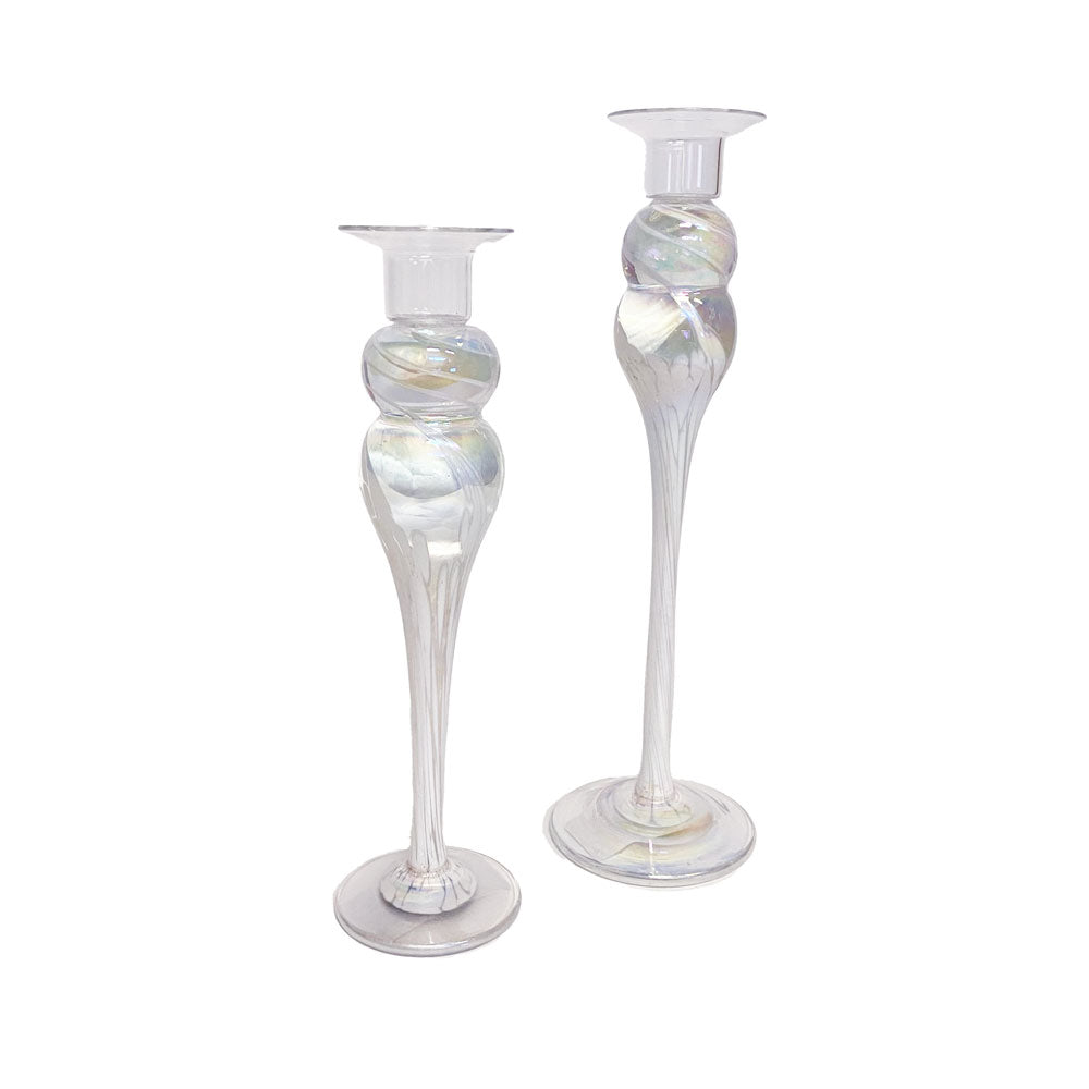 These hand blown ornate one of a kind  timeless candlesticks are an artful Wimberley Glassworks staple.