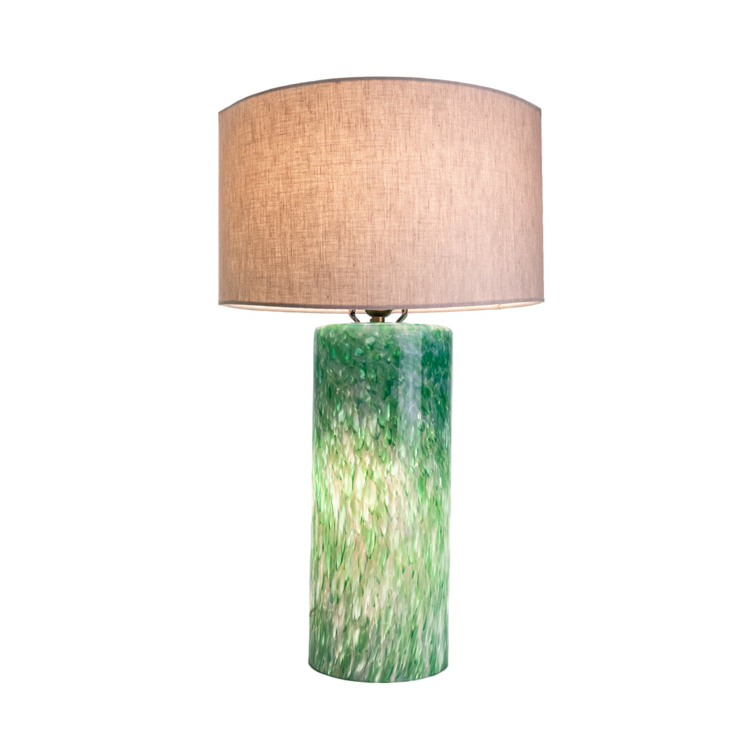 Wimberley Glassworks 3-way Lighted Glass Base Cylinder Table Lamp with Fabric Shade and Monet green on white glass pattern