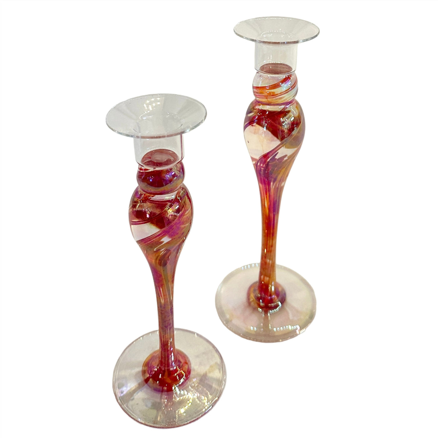 These hand blown ornate one of a kind  timeless candlesticks are an artful Wimberley Glassworks staple.