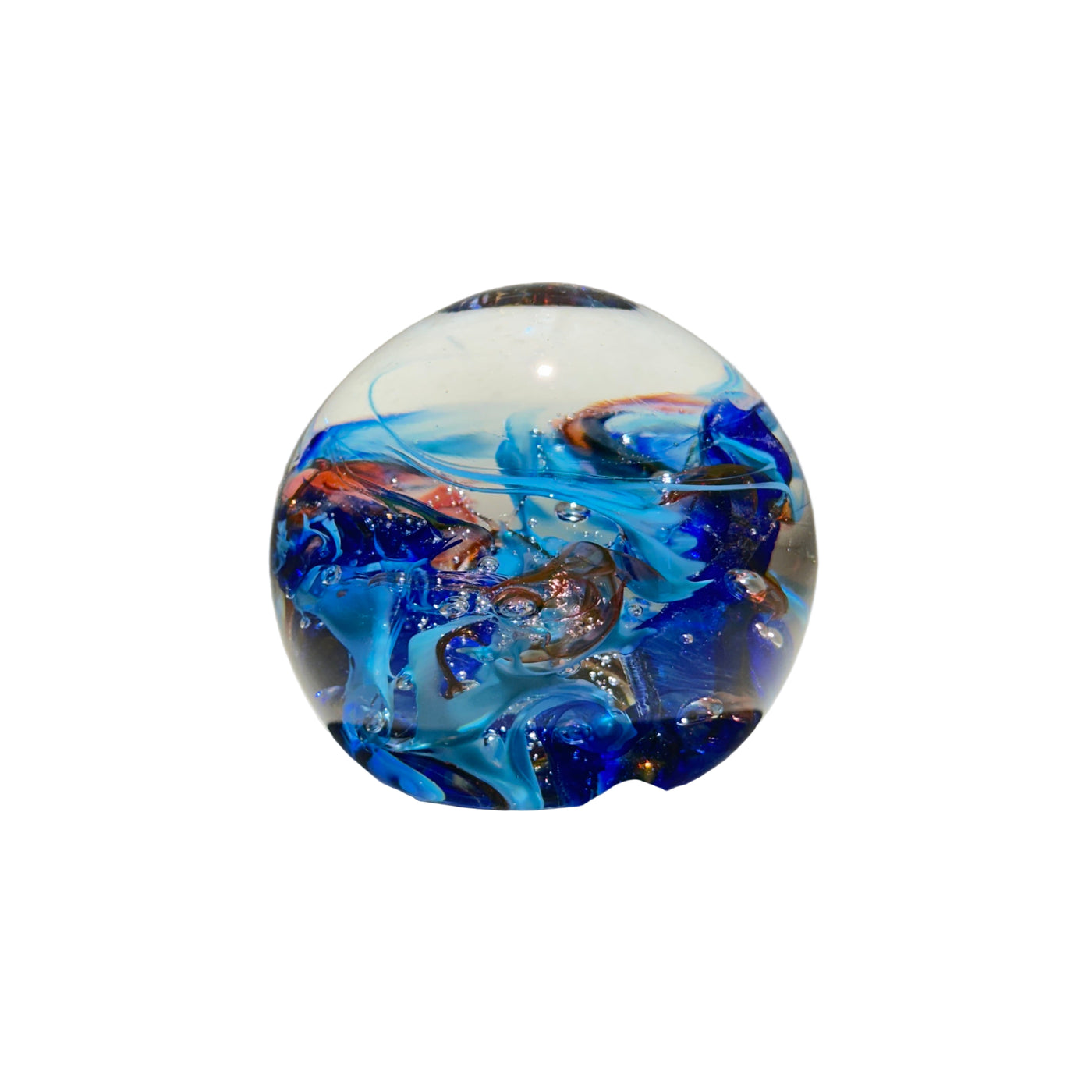 Glass marble with blue and white swirls on a neutral background