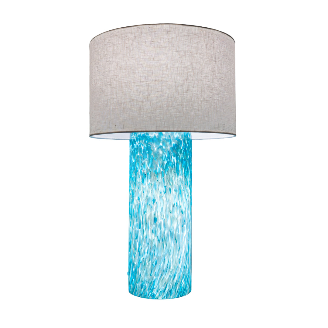 Wimberley Glassworks 3-way Lighted Glass Base Cylinder Table Lamp with Fabric Shade and Monet aqua blue on white glass