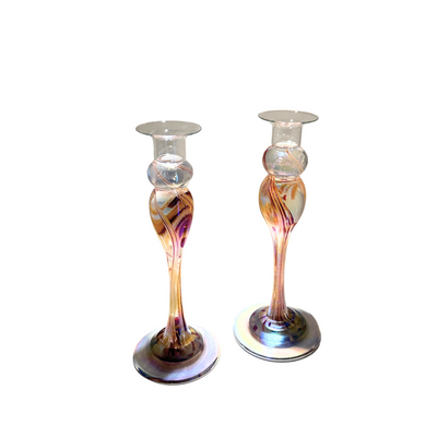 These hand blown ornate one of a kind  timeless candlesticks are an artful Wimberley Glassworks staple.