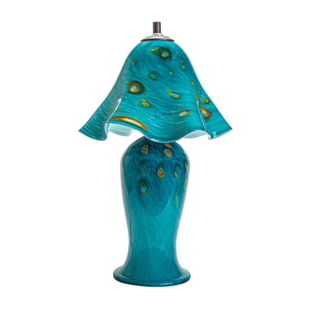 Wimberley Glassworks handblown All Glass Table Lamp with Lighted Base in Emerald Ocean teal green pattern