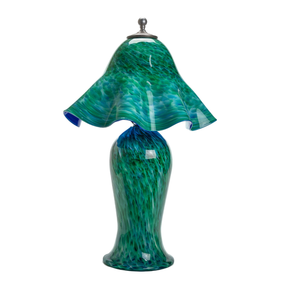 Wimberley Glassworks Green and blue hand blown all glass table lamp with lighted base