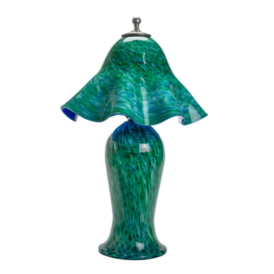 Wimberley Glassworks Green and blue hand blown all glass table lamp with lighted base