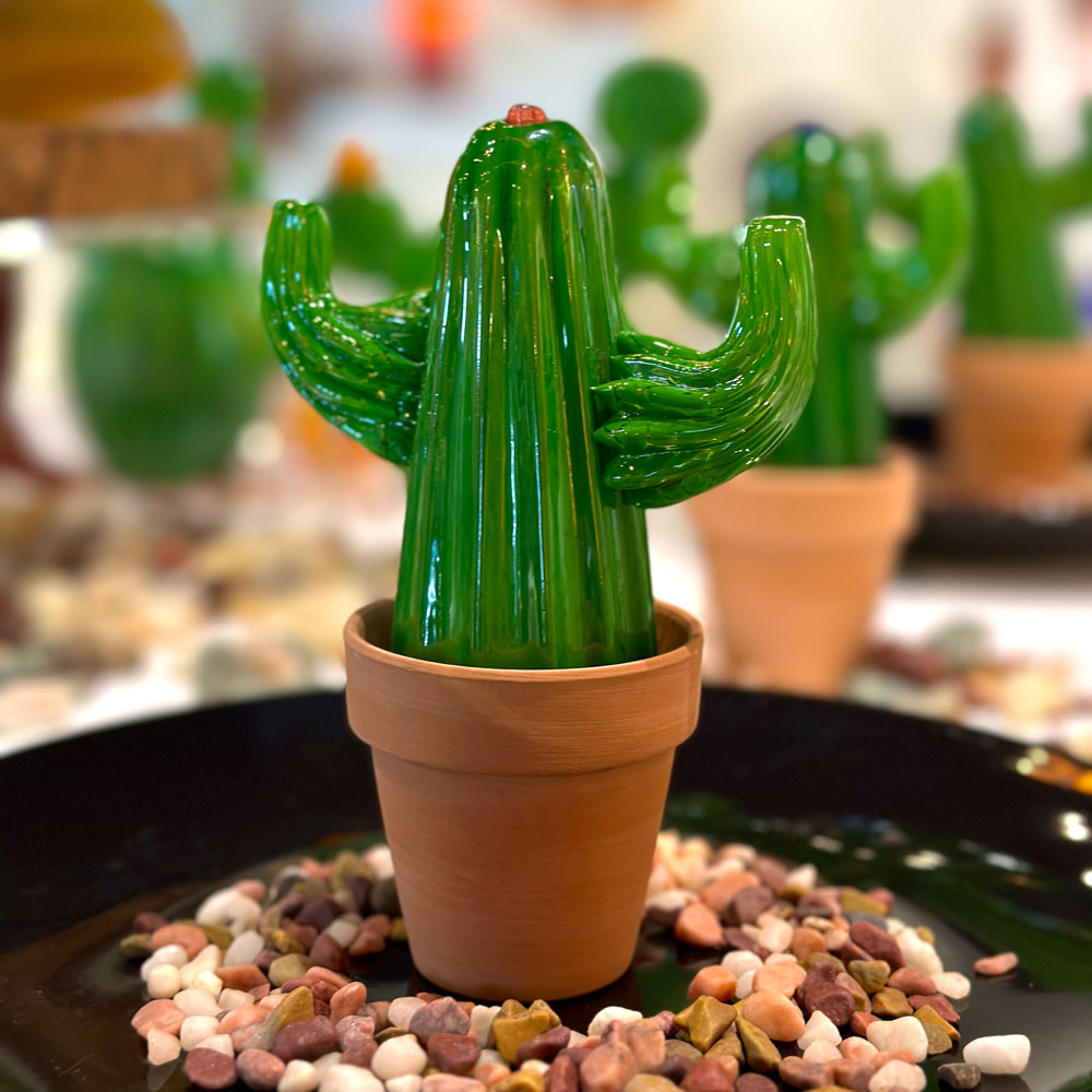 The hand blown Saguaro Cactus sits beautifully in a pot as a decorative addition to artfully personalizing a home or as a thoughtful gift for a loved one.