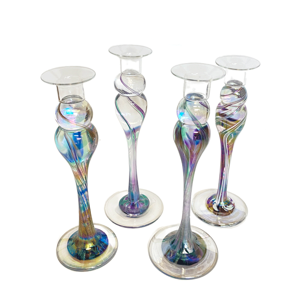 These hand blown ornate one of a kind  timeless candlesticks are an artful Wimberley Glassworks staple.