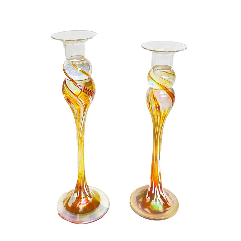 These hand blown ornate one of a kind  timeless candlesticks are an artful Wimberley Glassworks staple.