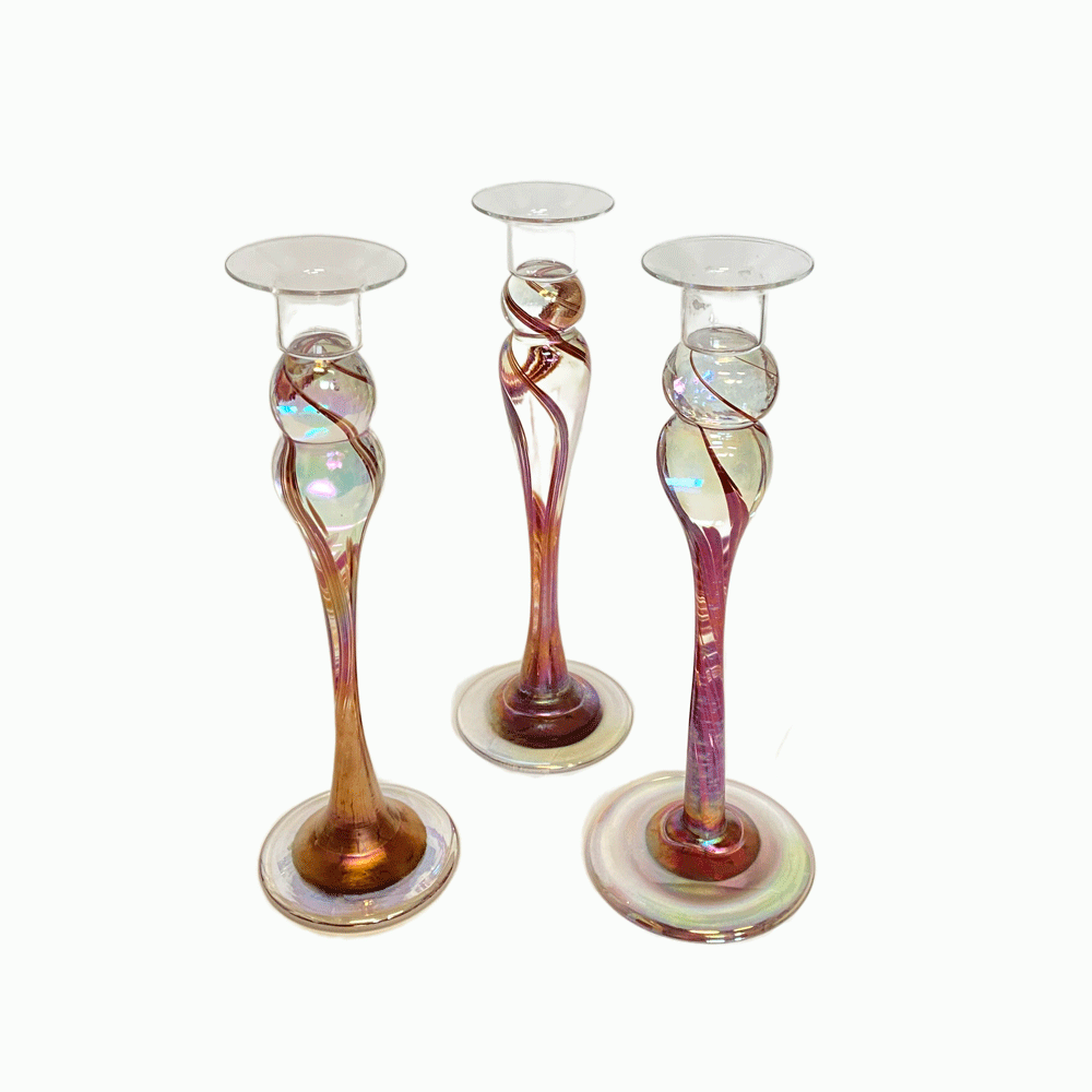 These hand blown ornate one of a kind  timeless candlesticks are an artful Wimberley Glassworks staple.