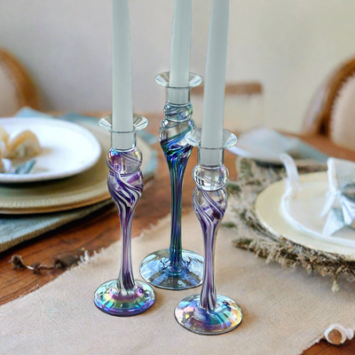 These hand blown ornate one of a kind  timeless candlesticks are an artful Wimberley Glassworks staple.