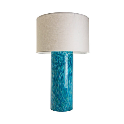 Wimberley Glassworks 3-way Lighted Glass Base Cylinder Table Lamp with Fabric Shade and Monet aqua blue on white glass turned off