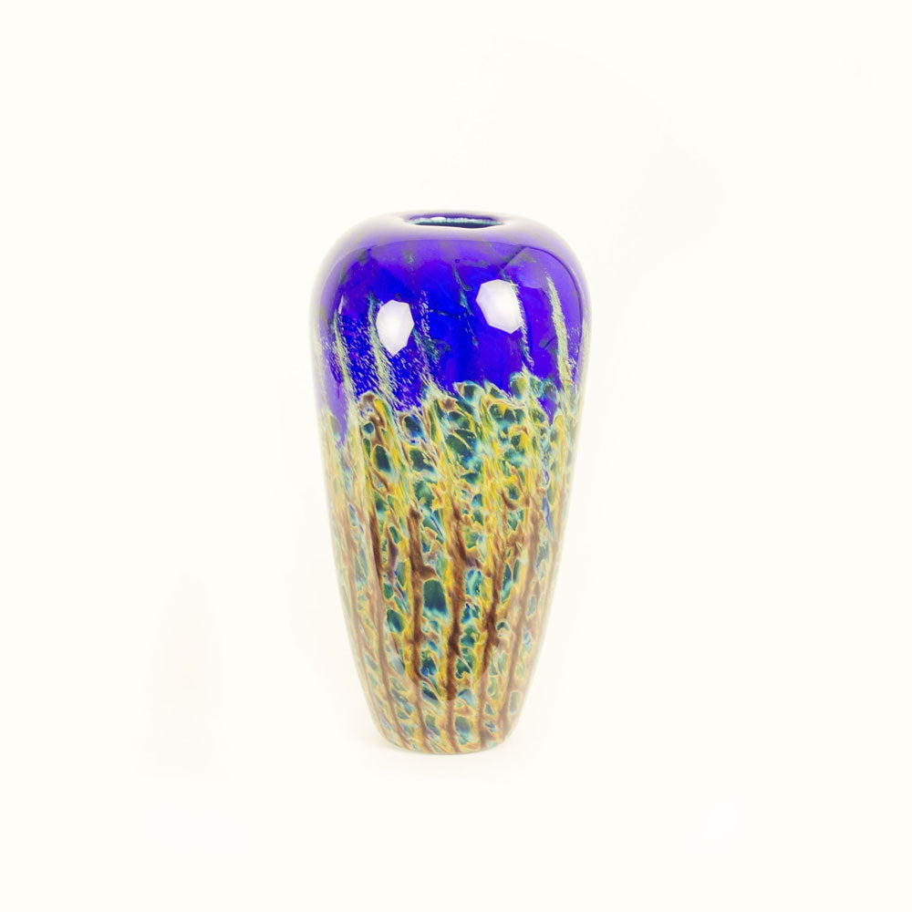 hand blown glass tall vase blue yellow red