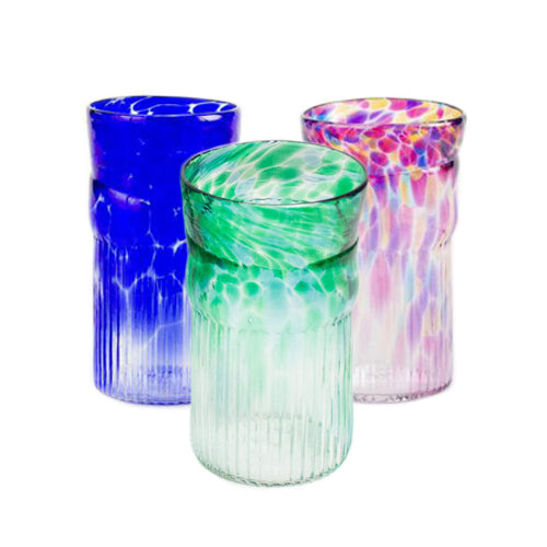 Hand blown colored speckled glass small tumblers. 